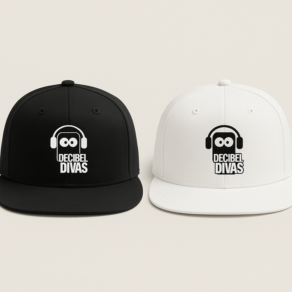 Decibel Divas snapback caps in black and white